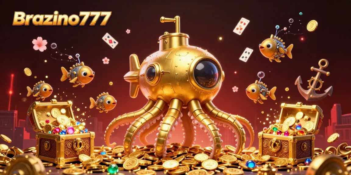 Brazino777 offers an exciting underwater adventure with a golden kraken surrounded by vibrant casino elements.