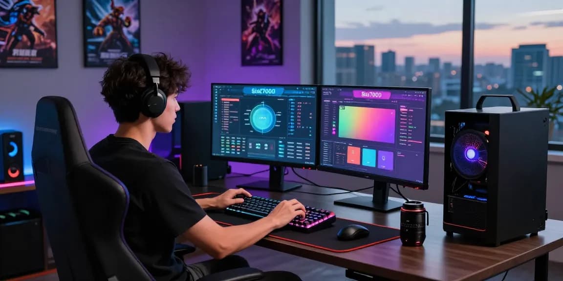 Engaging gaming setup showcasing slot7000 platform with dual monitors and RGB lighting