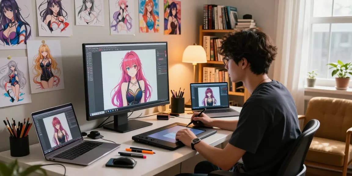 Vibrant art studio scene focusing on hentai AI character design process.