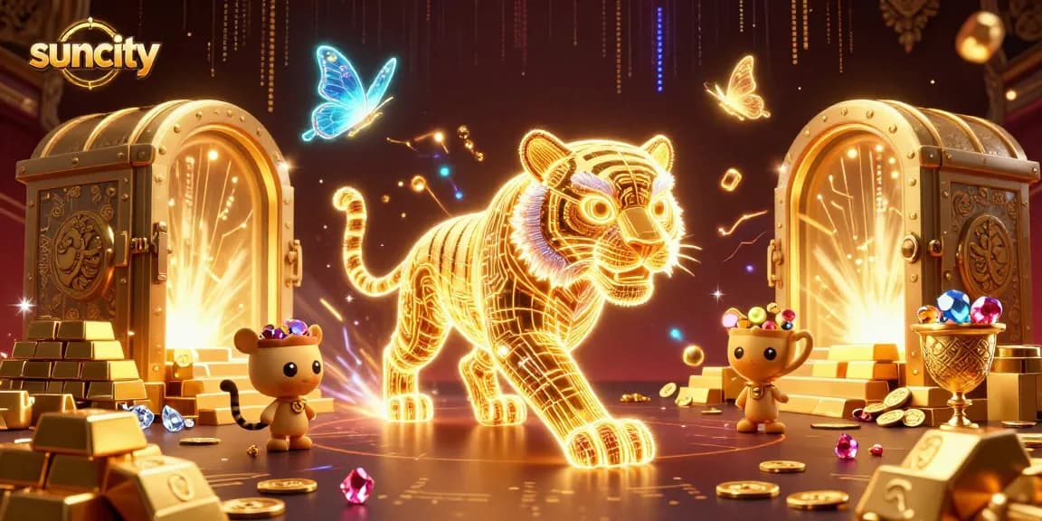 Suncity reveals an enchanting 3D digital casino landscape with a golden tiger and dynamic treasures.