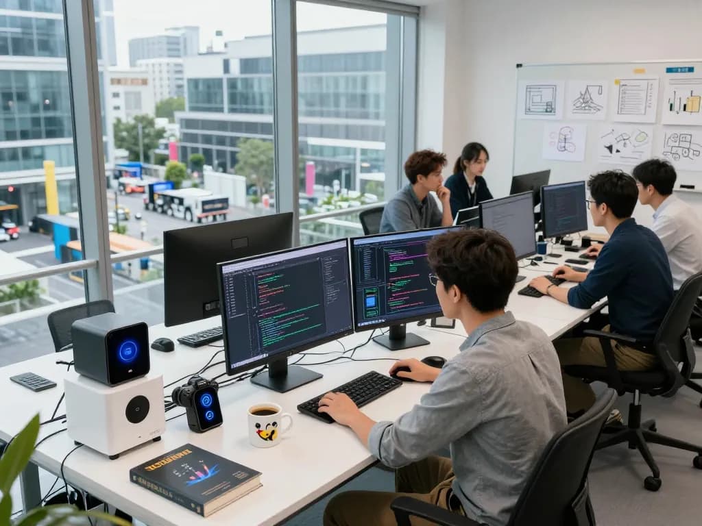 Innovative tech lab scene showcasing juicy ai development with a developer engaged in coding.