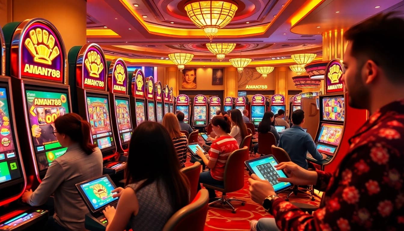 Seorang pemain menikmati permainan slot yang mendebarkan di AMAN788, menampilkan grafik yang cerah dan suasana permainan yang mewah.
