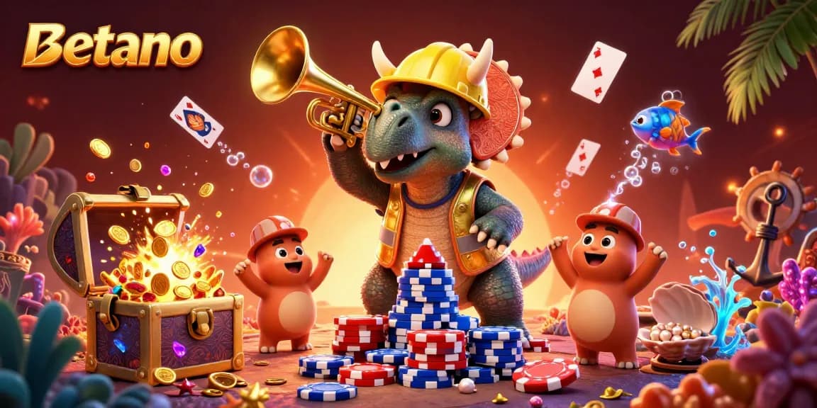 Betano showcases an exciting casino scene with a dynamic 3D illustration featuring a triceratops building poker chips.