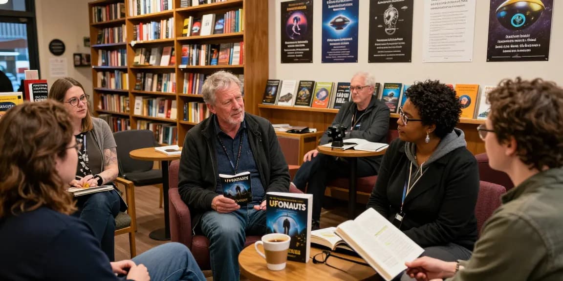 T Allen Greenfield discussing UFOnauts at https://tallengreenfield.com with readers in a cozy bookshop.