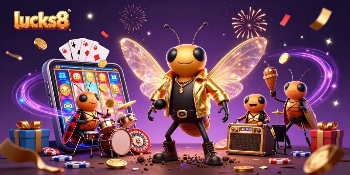 Win big with lucks8 in a vibrant, dynamic 3D casino illustration featuring a rock star theme.