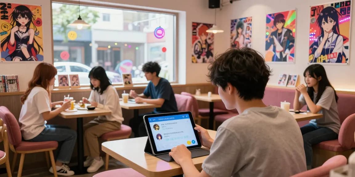 Engaging AI hentai chat experience in a vibrant anime café setting.