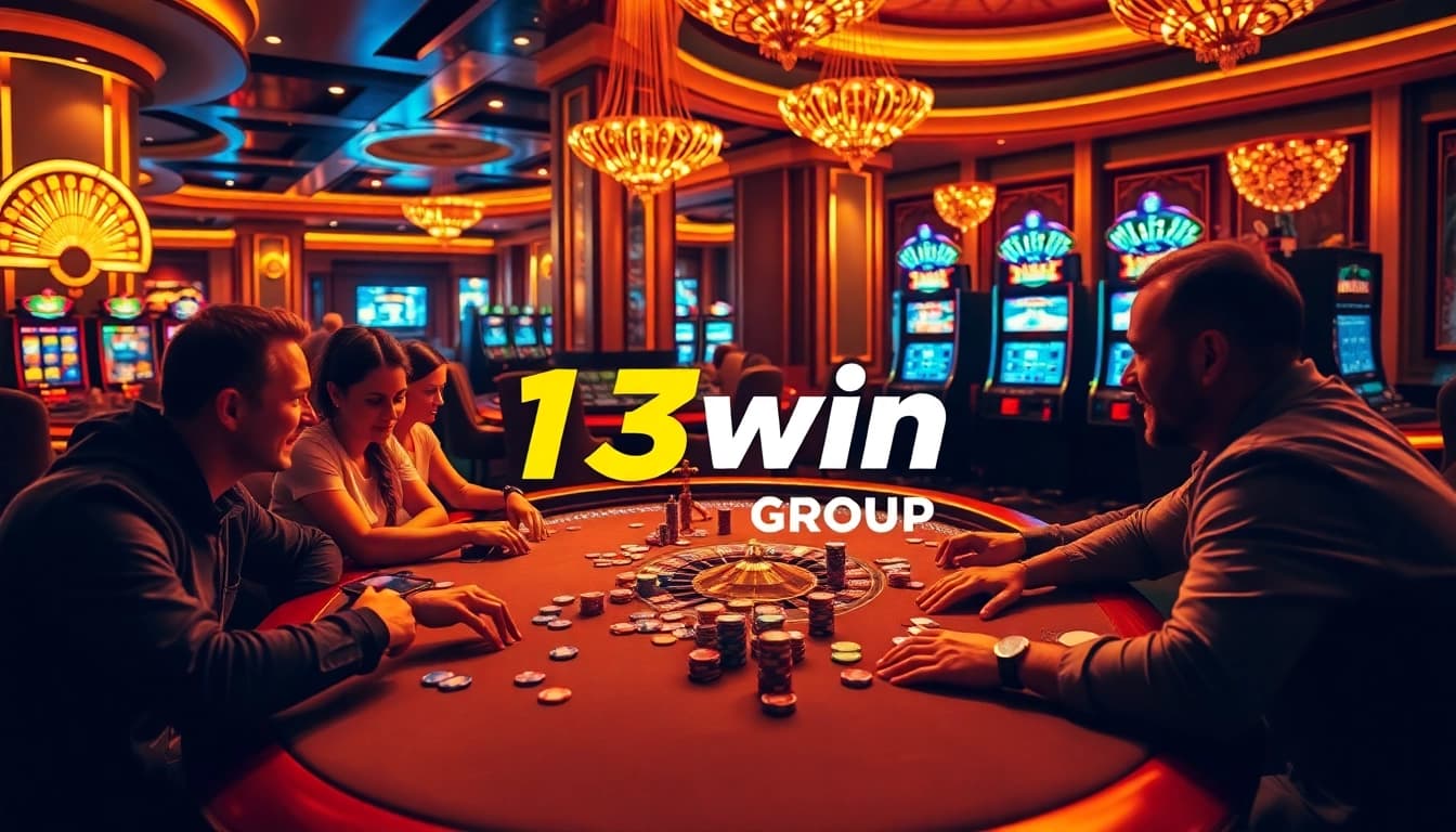 Experience the excitement of the 13win group in a vibrant casino scene with poker and roulette.