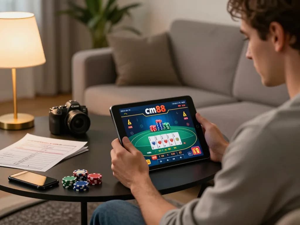 Engaged user playing cm88 poker on tablet in cozy home environment