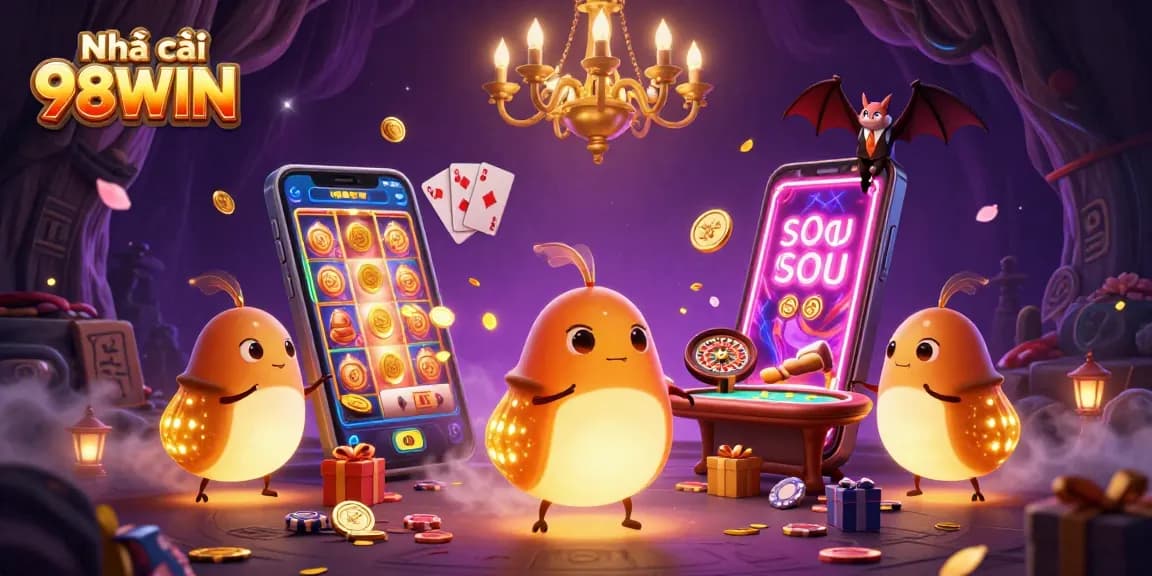 Engage at Nhà cái 98WIN with glowing glowworms illuminating a vibrant casino scene full of games.