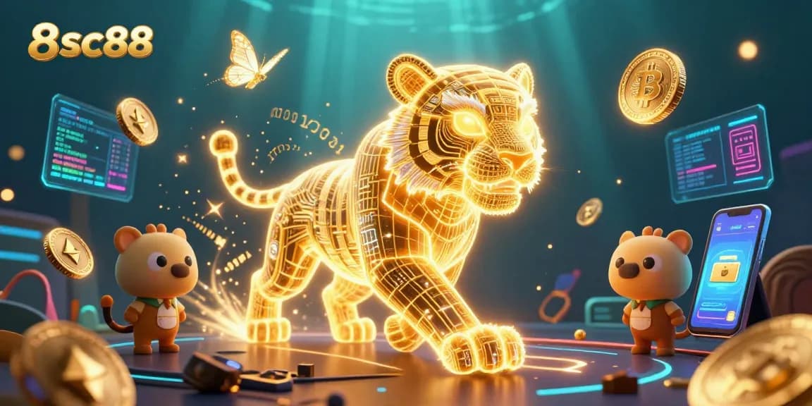 Engage with 8sc88 in a vibrant gambling scene featuring a neon tiger and cryptocurrency elements for an exciting experience.