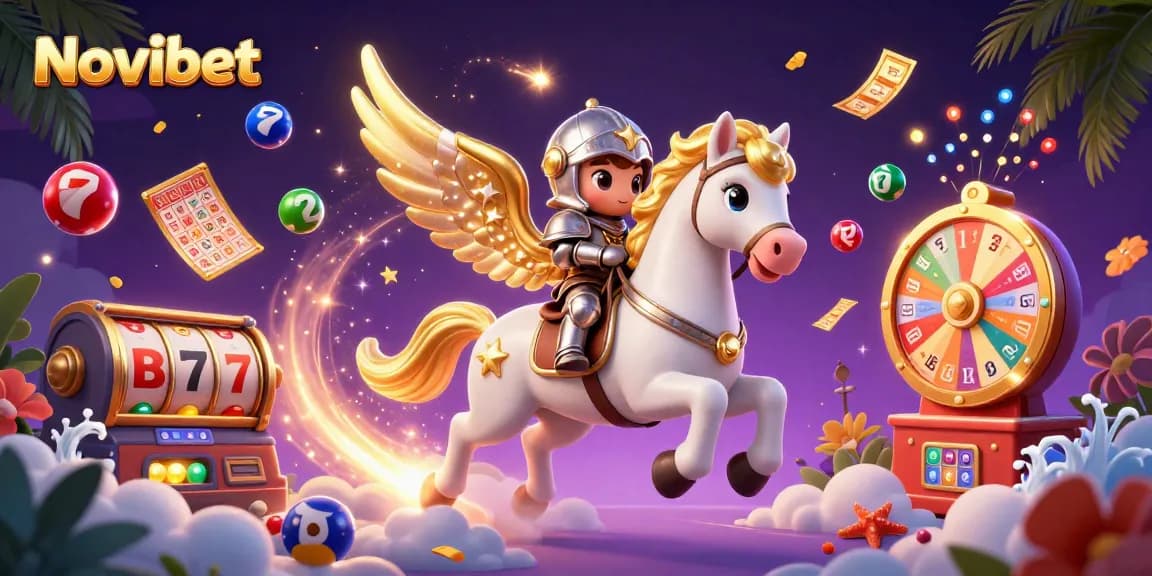Experience thrilling gameplay with Novibet, showcasing a mystical scene of a celestial horse and knight amidst vibrant lottery elements.