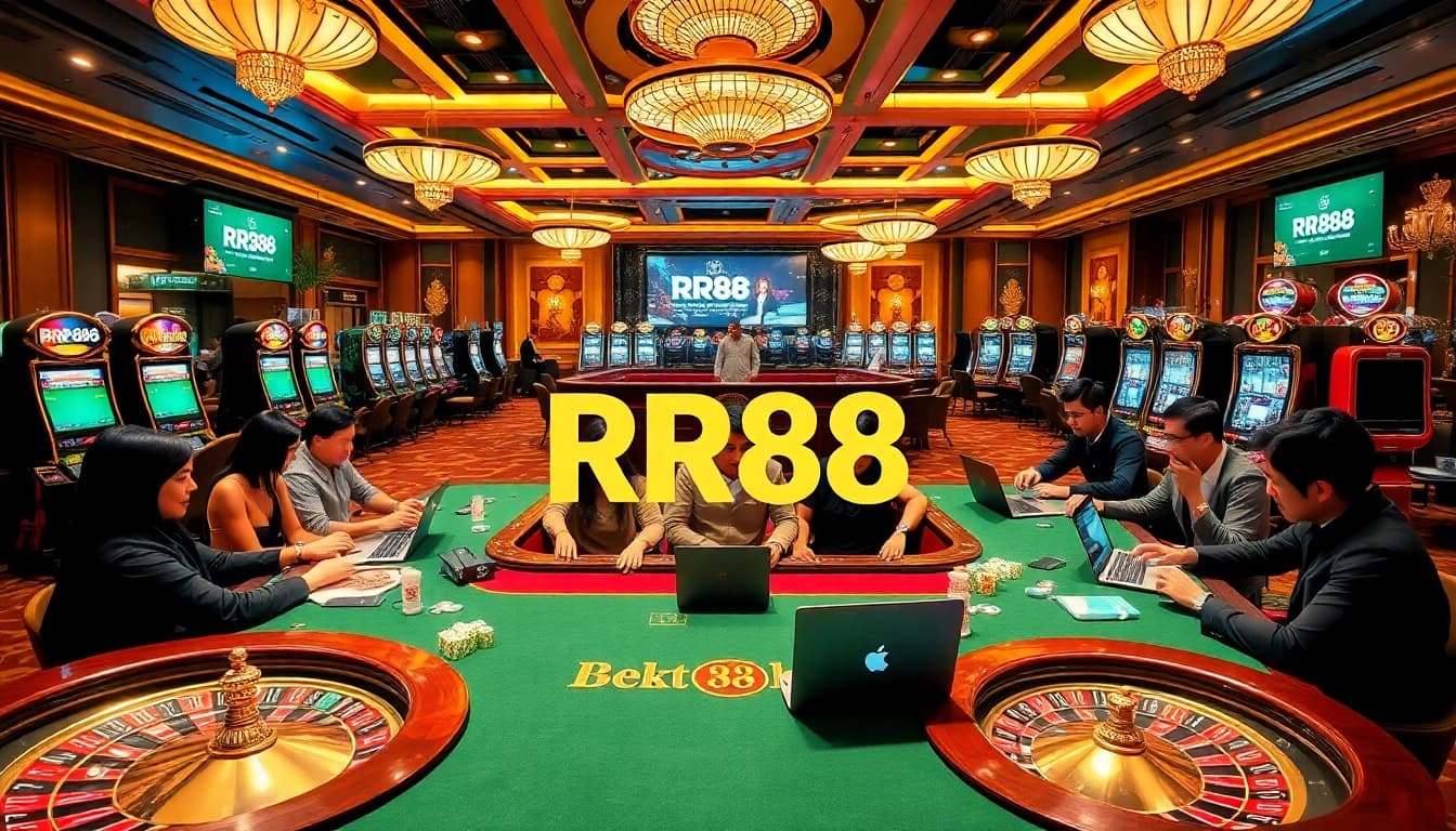 Players enjoying an exciting poker game at RR88 casino, showing luxury and excitement in gambling.