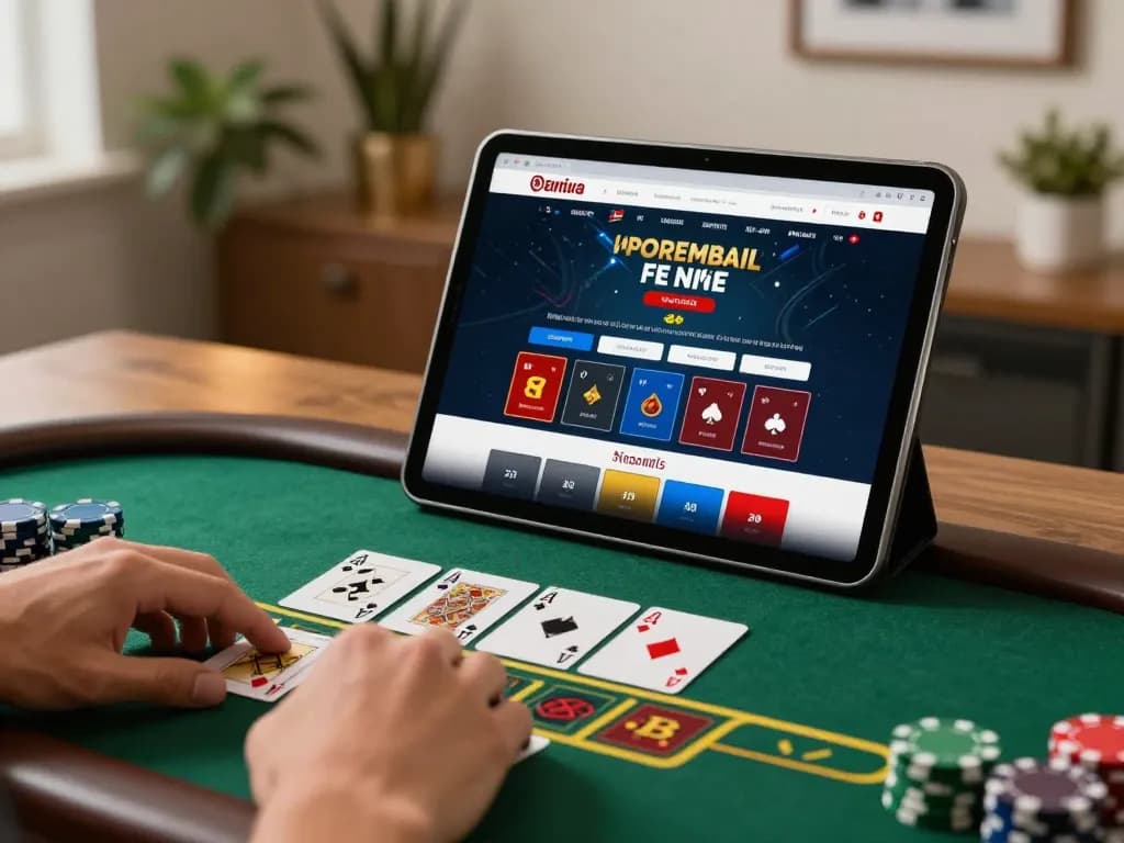 88aa player strategizing blackjack with a tablet display in stylish home office.