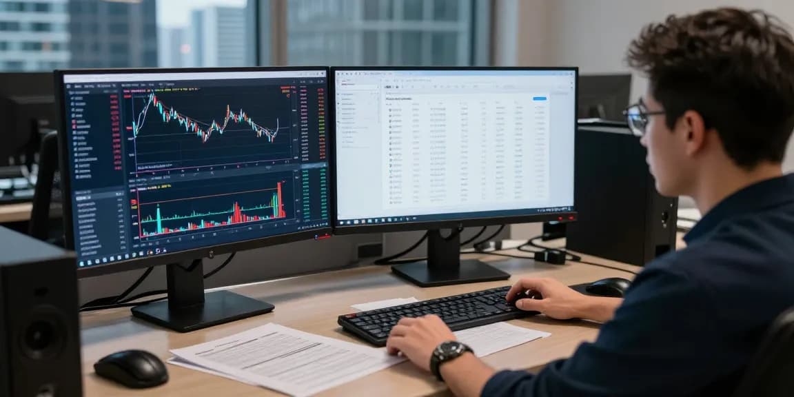 Трейдер, анализирующий отзывы о BitMEX на нескольких экранах в современном офисе с видом на город.