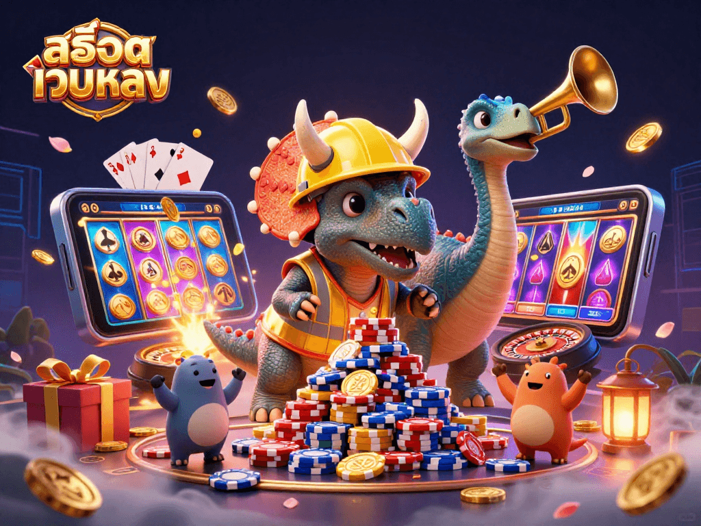 Engage with สล็อตเว็บตรง and witness a lively 3D scene celebrating online slots with animated characters.