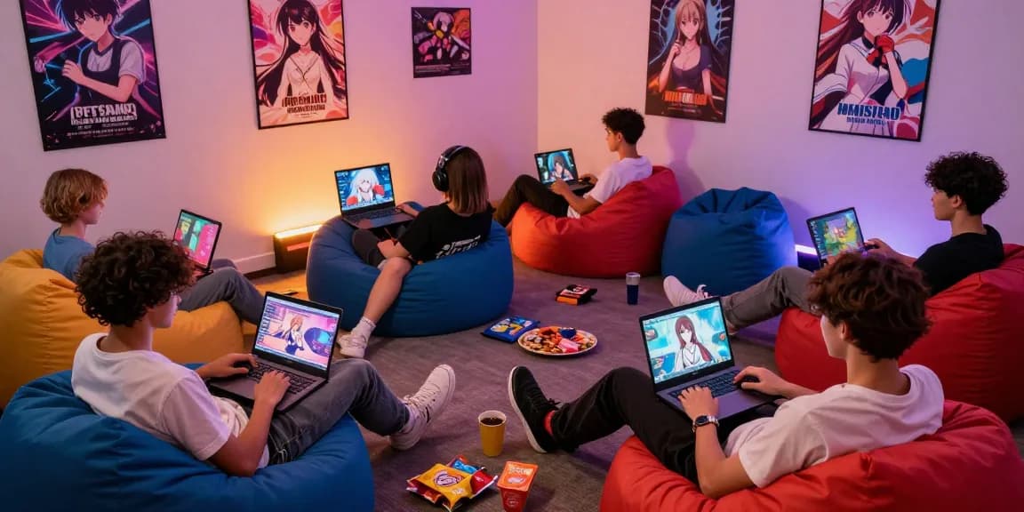 Friends enjoying hentai games together in a vibrant gaming lounge with colorful decor and snacks.