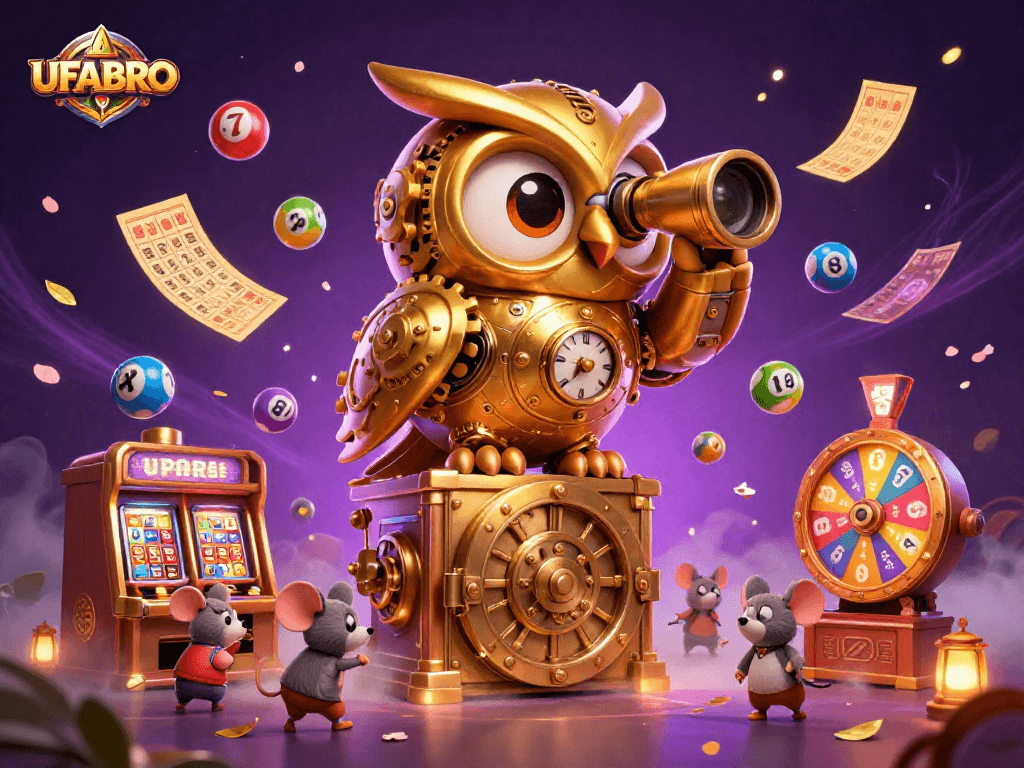 Bet on UFABRO's exciting games with colorful lottery balls and a whimsical golden owl.