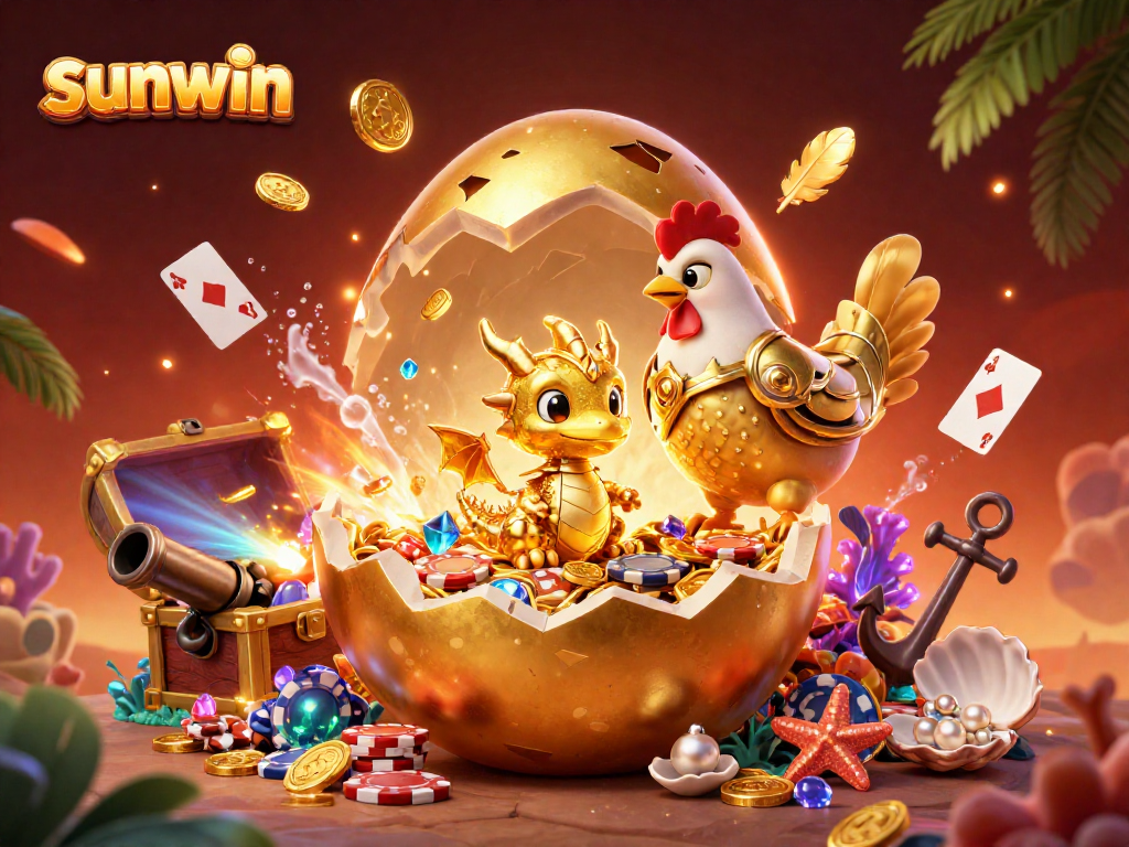 Experience the excitement at sunwin with a golden dragon guarding poker chips in a vibrant casino scene.