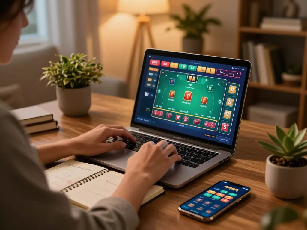 Join the online blackjack excitement at RR88 with a cozy home gaming setup, laptop displaying gameplay.