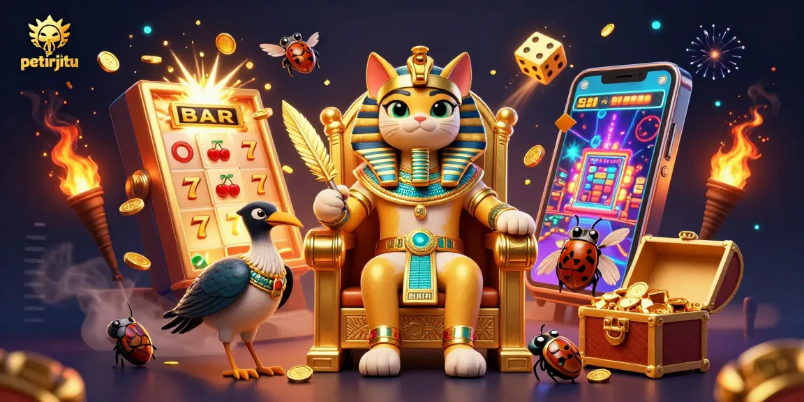 Petirjitu menghadirkan petualangan kasino yang menarik dengan mesin slot berlapis emas dan kucing firaun.