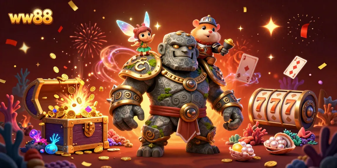 Play exciting games at ww88 with a magical golem, fairy, and hamster knight illustration.