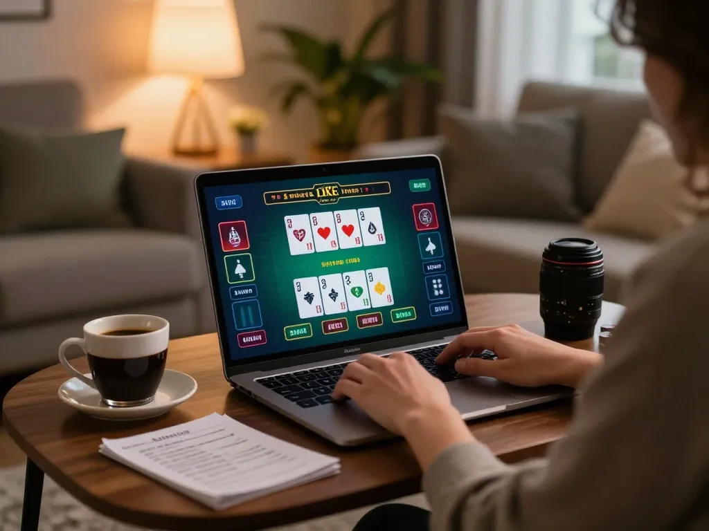 KONG88 player engaging with live dealer blackjack on laptop at home, showcasing cozy gaming setup.