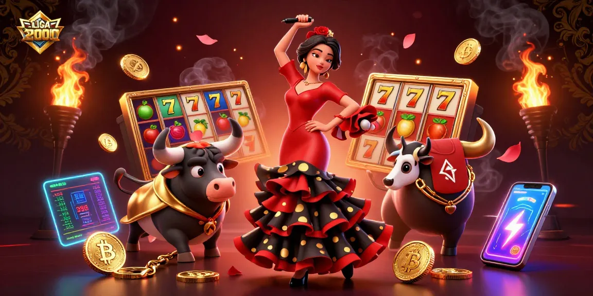 LIGA2000 menampilkan suasana kasino yang semarak dengan slot, cryptocurrency yang bersinar, dan penari flamenco yang dinamis.