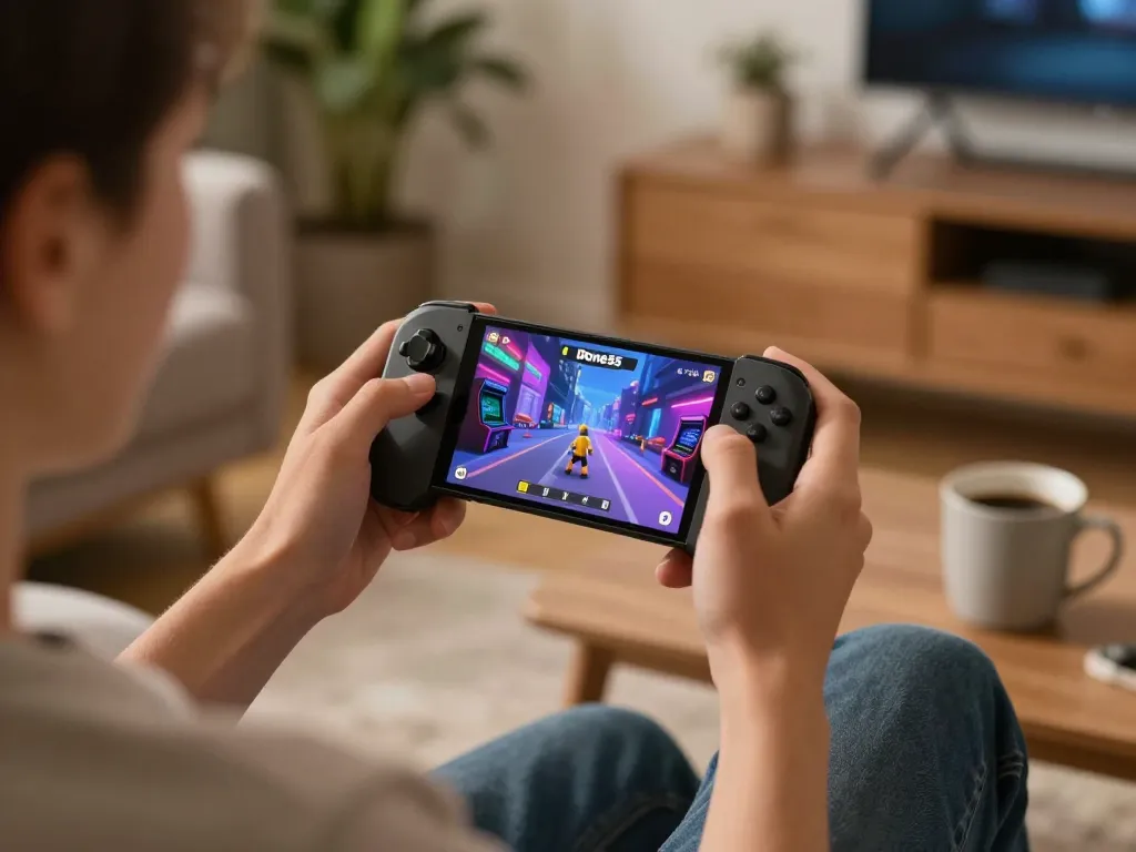Engaging in the Done55 game on a smartphone in a cozy living room environment.
