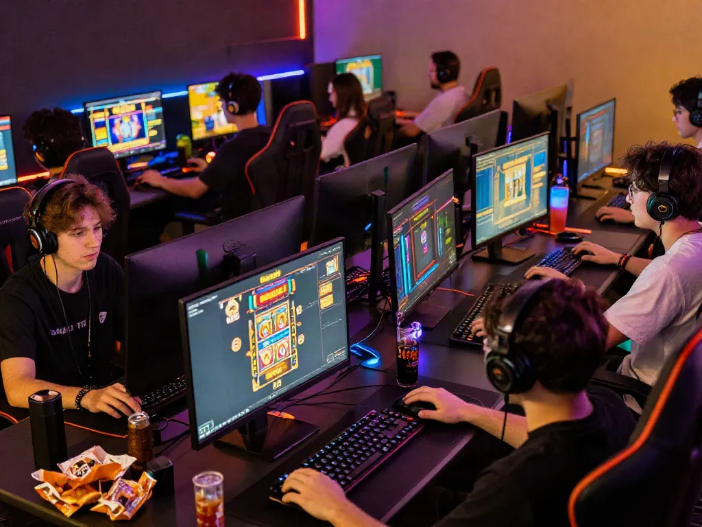 SLOT GACOR players intensely enjoying online games in a lively gaming setup.