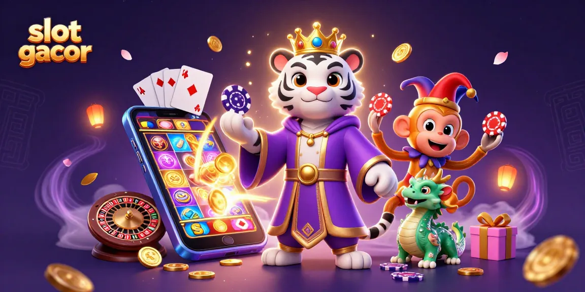 Engage with slot gacor in a vibrant scene featuring whimsical casino characters and dynamic game elements.