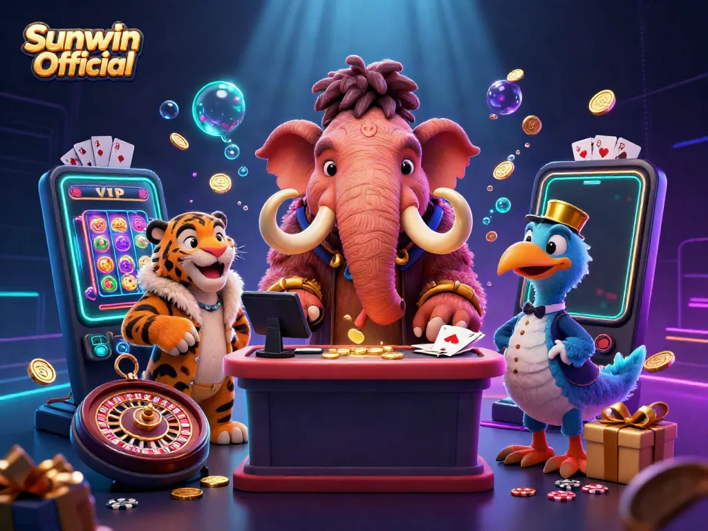 Sunwin Official showcases a dynamic casino scene with vibrant characters and engaging gaming elements.