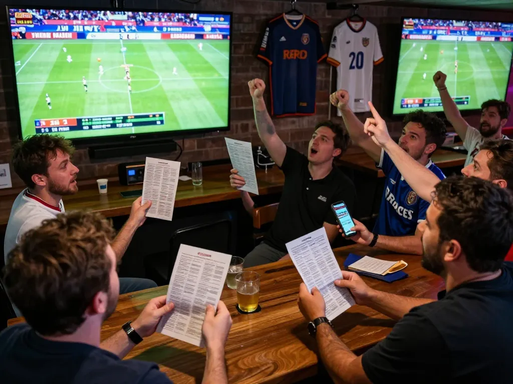 Engaged sports bettors analyzing soi kèo bóng đá while watching live matches, showcasing the excitement.