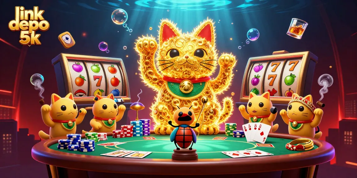 Engage in winning strategies with link depo 5k illustrated by a vibrant 3D lucky cat in a casino.