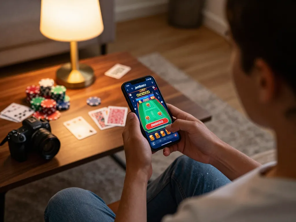 User playing on the Jeetbuzz App on a smartphone in a cozy living room, showcasing fun online gaming.