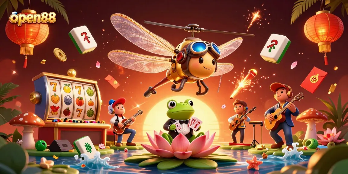 Engage with open88 through vibrant 3D casino illustration featuring dynamic characters and game elements.