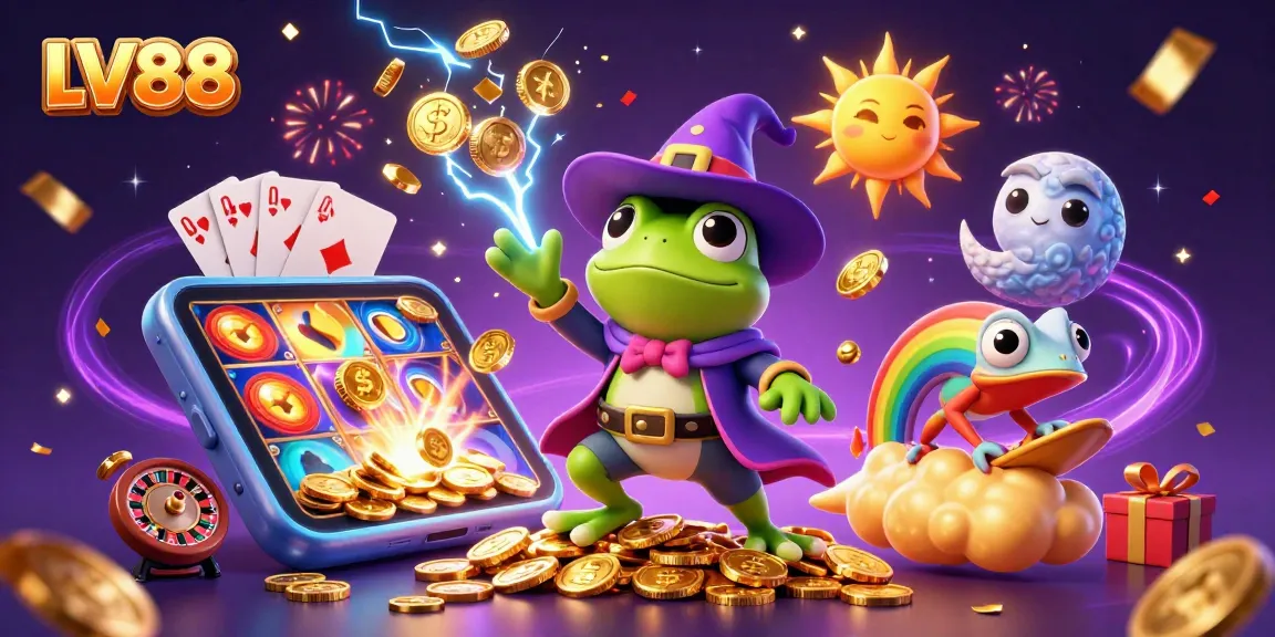 Experience the excitement of LV88 with a vibrant casino-themed 3D illustration displaying golden coins, slot games, and lively characters.