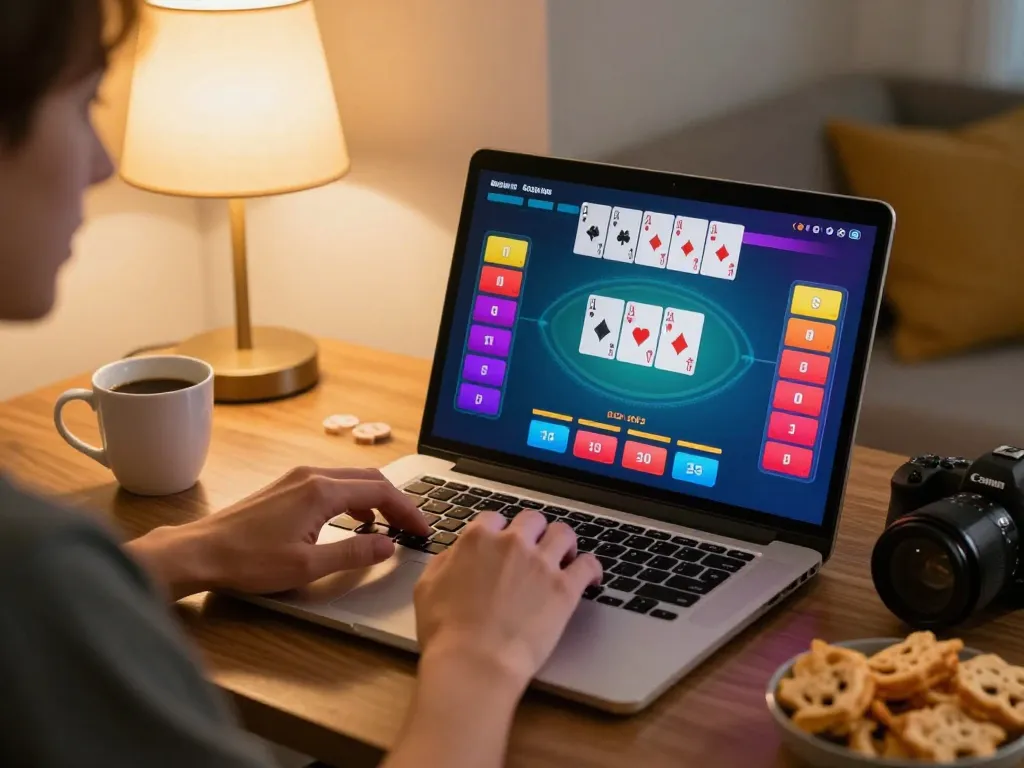 Pengguna Bintangmpo terlibat dalam poker online di rumah, menampilkan permainan yang penuh warna dan suasana yang nyaman.