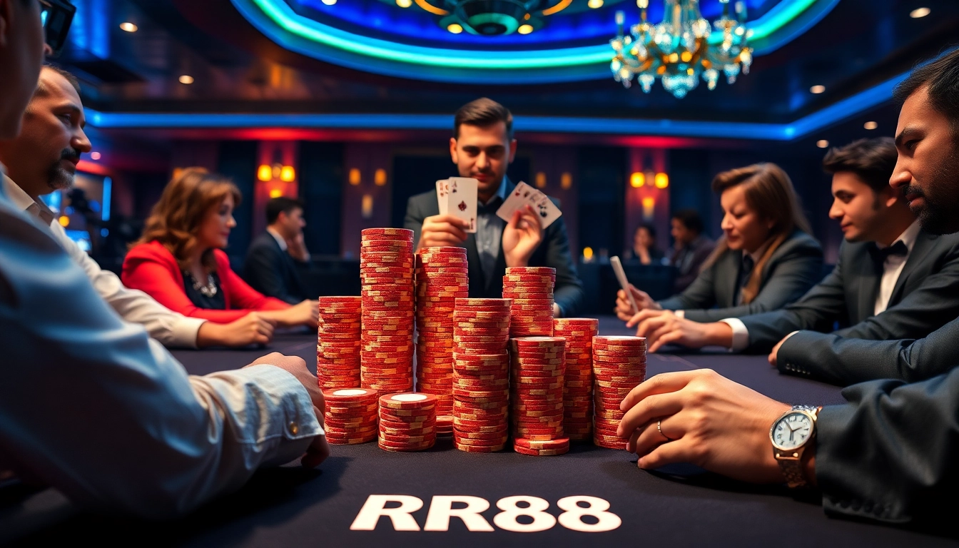 Play poker at the luxurious RR88 casino with exciting high-stakes action and vibrant chips.