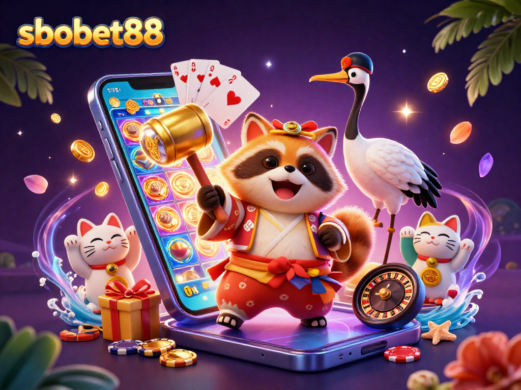 SBOBET88 showcases a cheerful tanuki in festive attire, celebrating with exciting slot gaming elements.