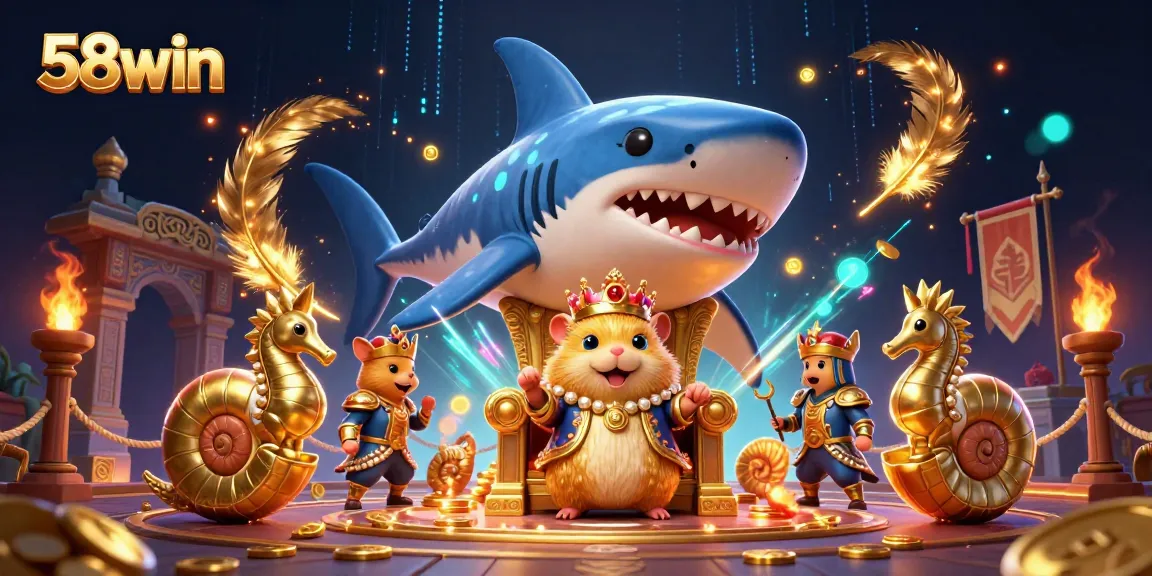 Experience thrilling games at 58win with vibrant visuals of a golden hamster king and seahorse guards in an energetic casino scene.
