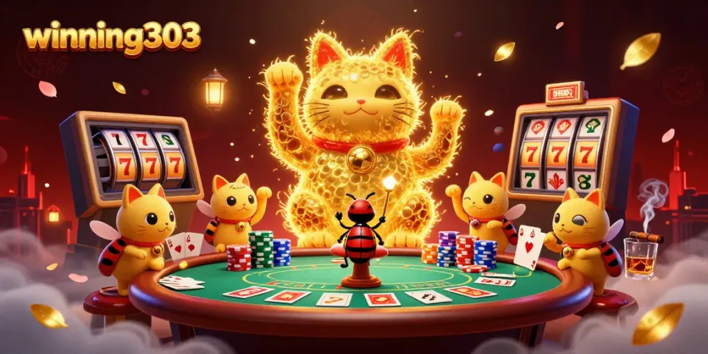 Winning303 gameplay illustrated with a lucky cat and casino symbols in a vibrant setting.