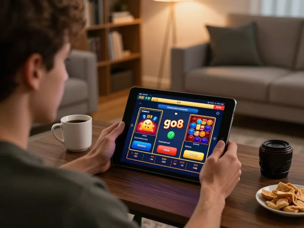 Player engaging with go8 online casino on tablet in a cozy setting.