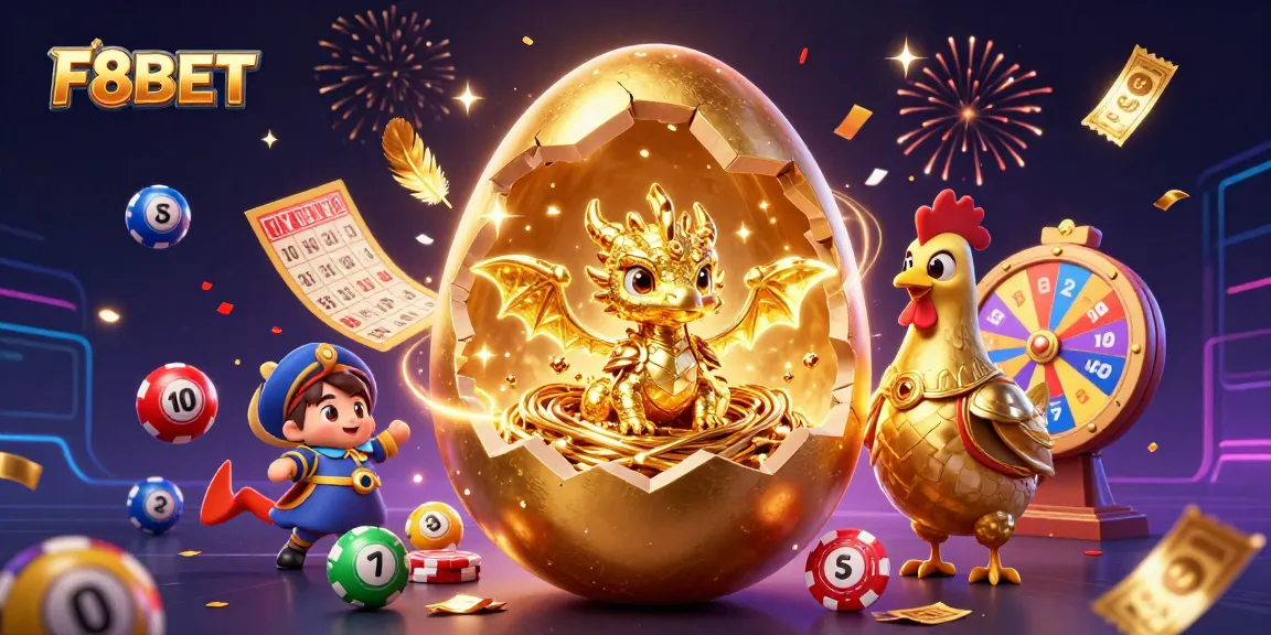 Experience the vibrant excitement of F8BET as a golden dragon emerges from a nest of poker chips amidst a celebration.