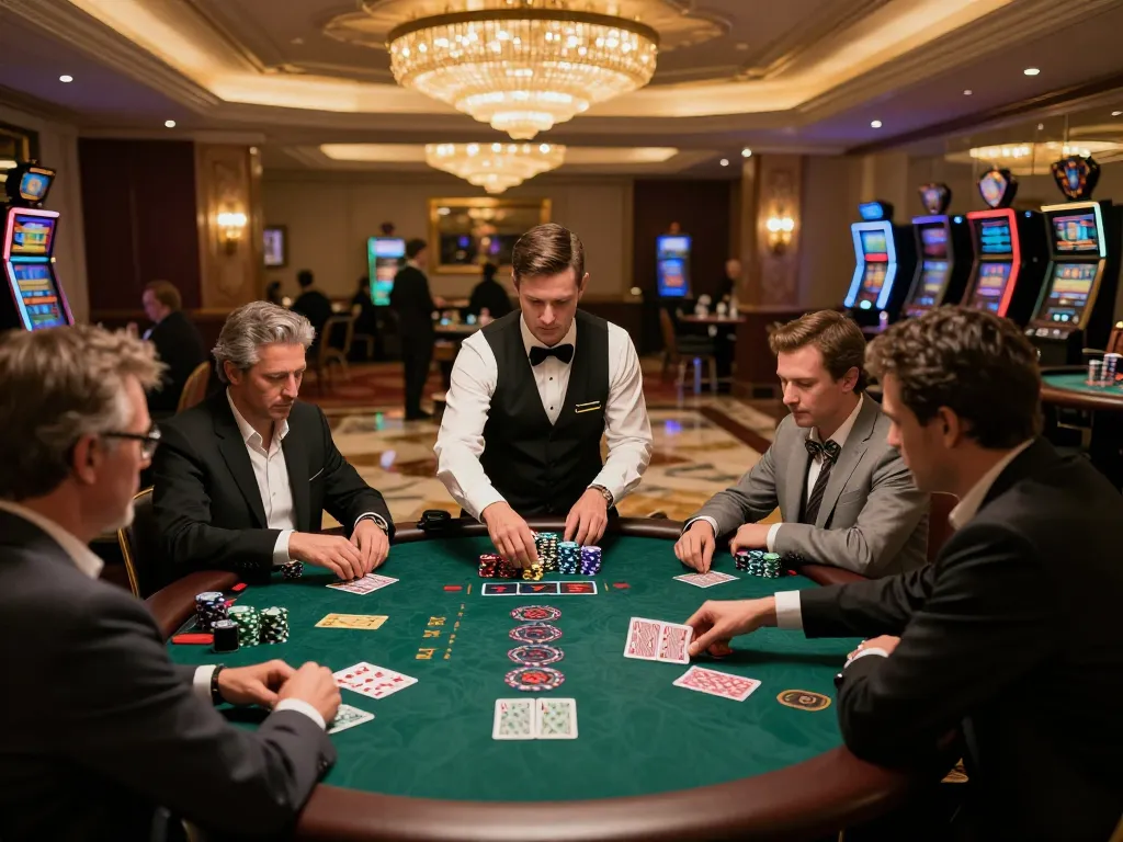 Leci123 blackjack reveal at upscale casino table, players engaged, elegant atmosphere, strategic gameplay