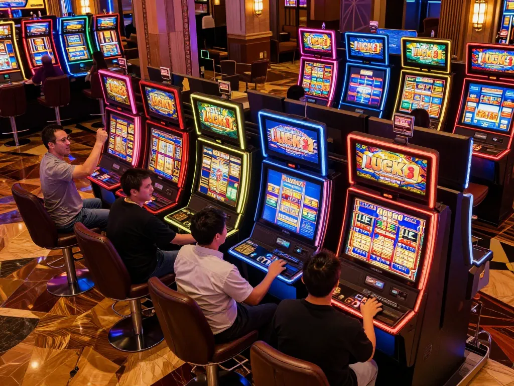 Players engaging with vibrant slot machines at LUCK8 casino, showcasing excitement and potential wins