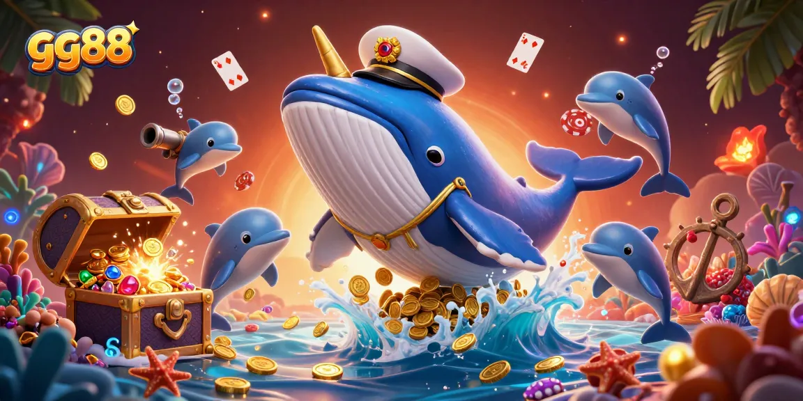 Win big at gg88 with a dynamic scene of a whale and friends celebrating casino fun.