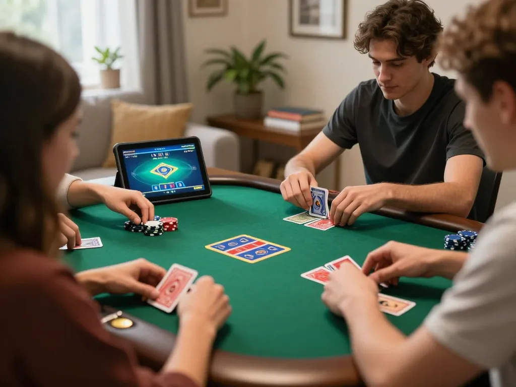 Players enjoying an online poker game at home on Rikvip platform, showcasing engaged gameplay and comfortable atmosphere.