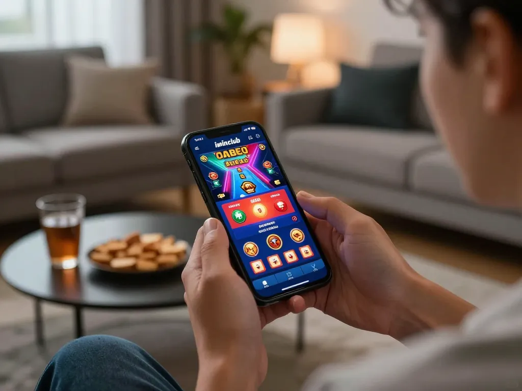 Mobile gaming experience at iwinclub with player interacting with casino app on smartphone