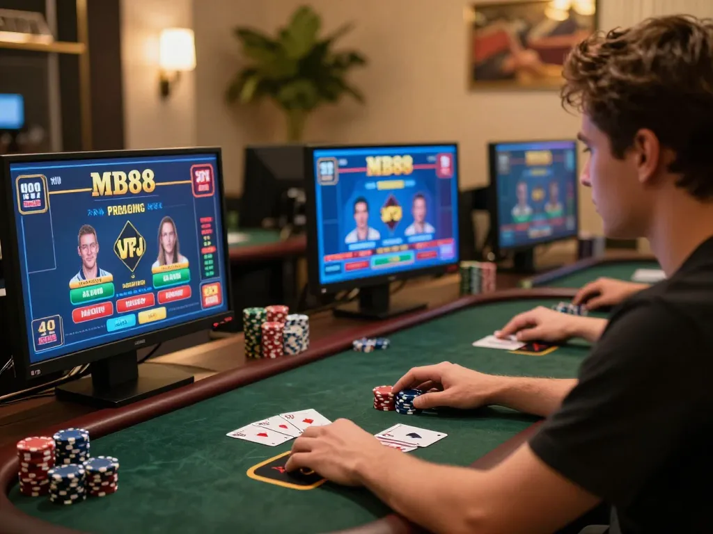 Engaged player enjoying mb88 games on multiple screens during an online casino session