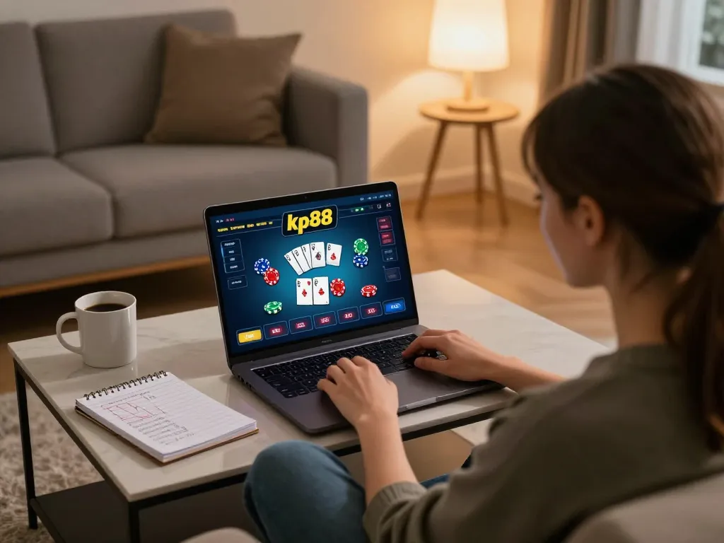 Engaging in kp88 bet online, showcasing a cozy home gaming scene